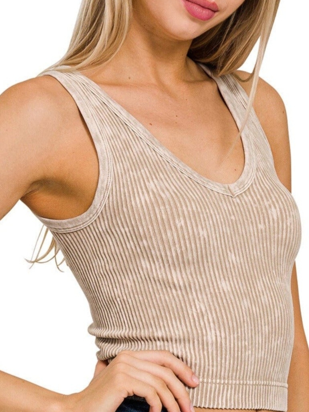 Zenana Washed Ribbed Cropped Tank Top with 2-Way Neckline -Ash Mocha-S,M,L